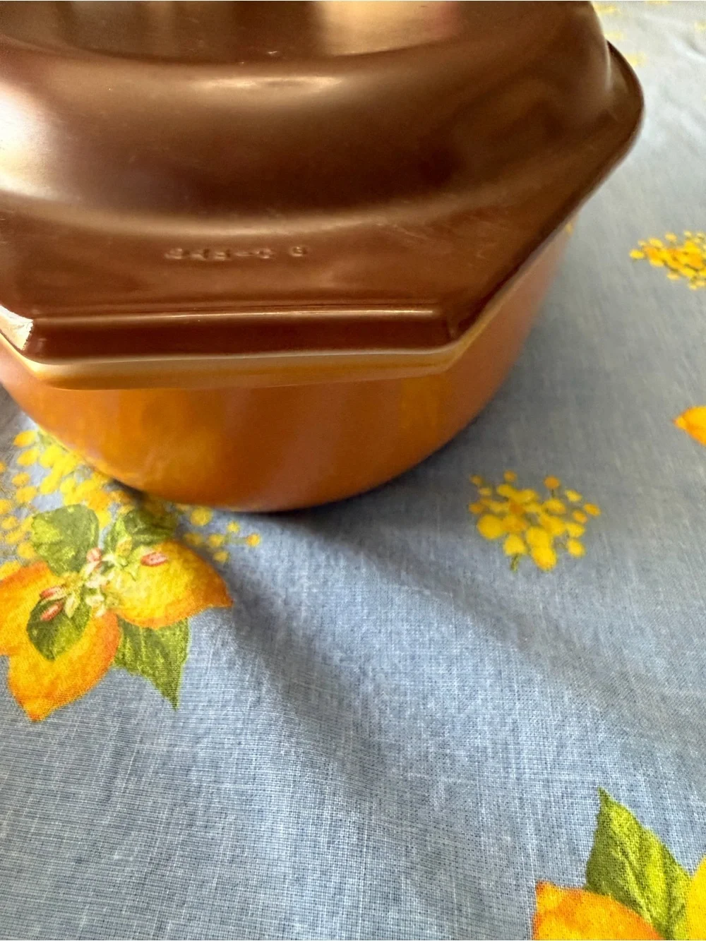 Pyrex Brown and Orange Vitrolite Casserole Dish with Fruit Pattern vintage